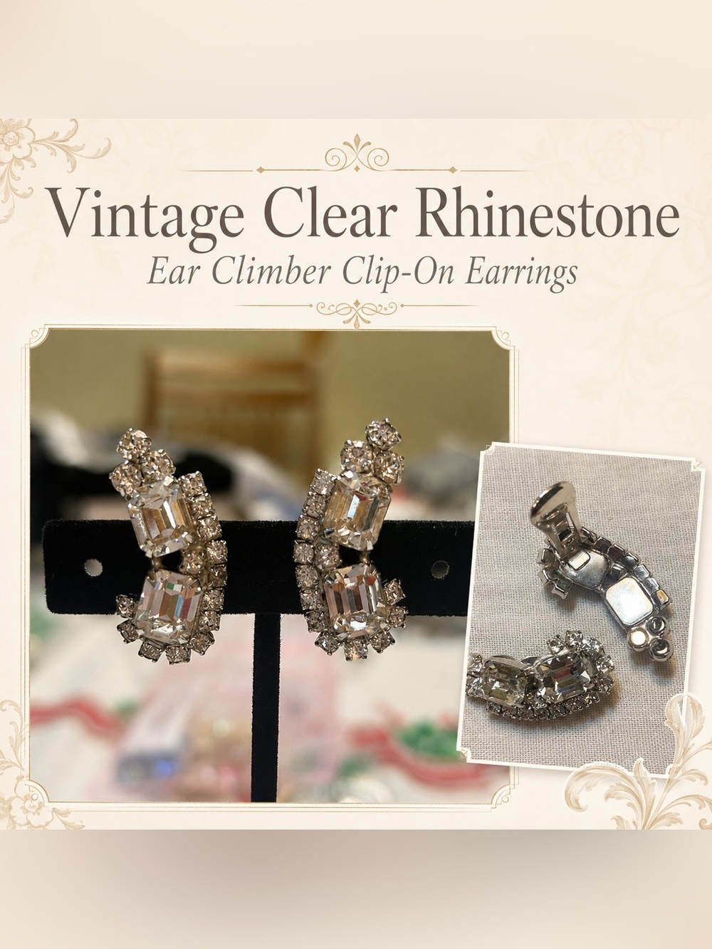 Vintage Clear Rhinestone Ear Climber Clip-On Earrings